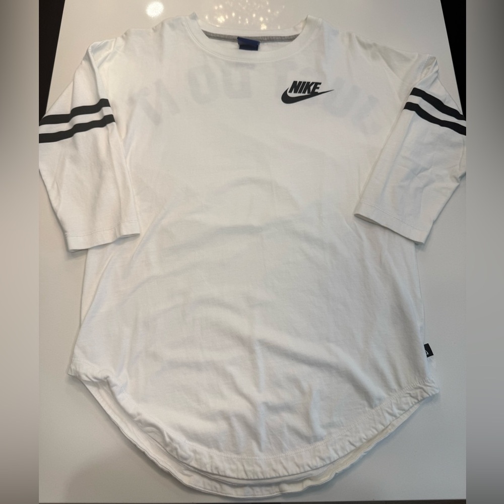Nike Women's 3/4 Sleeve White Tee with Black Stripes